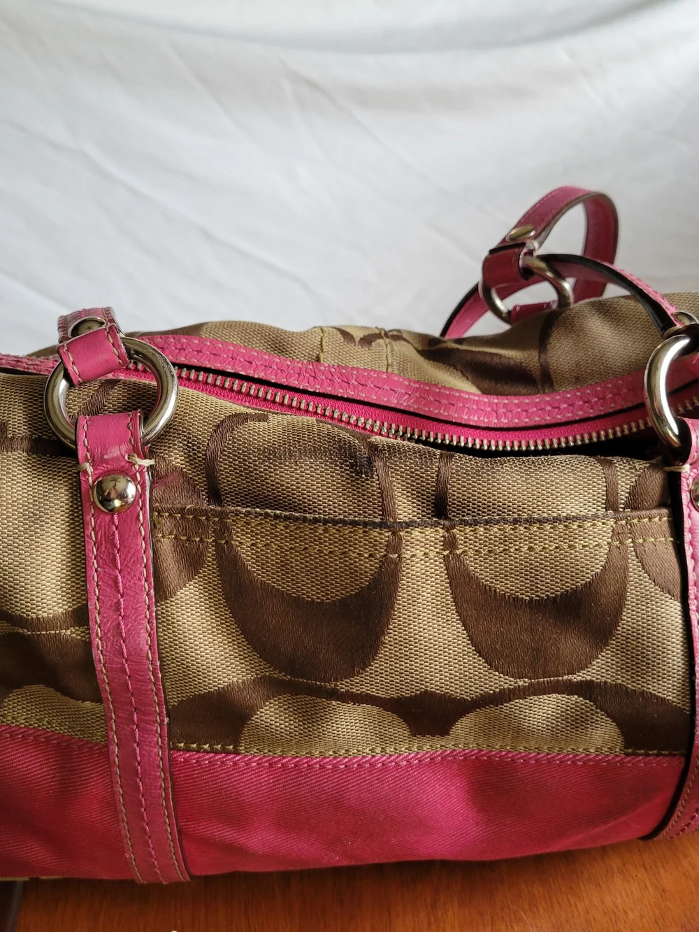 Coach Brown Logo Satchel with Pink Leather Trim